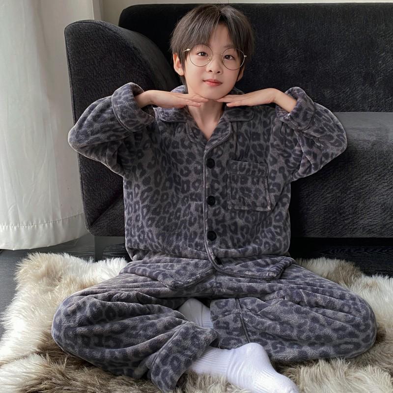 Boys Warm Coral Fleece Pajama Set Long Sleeve Thickened Home Wear Kids Winter