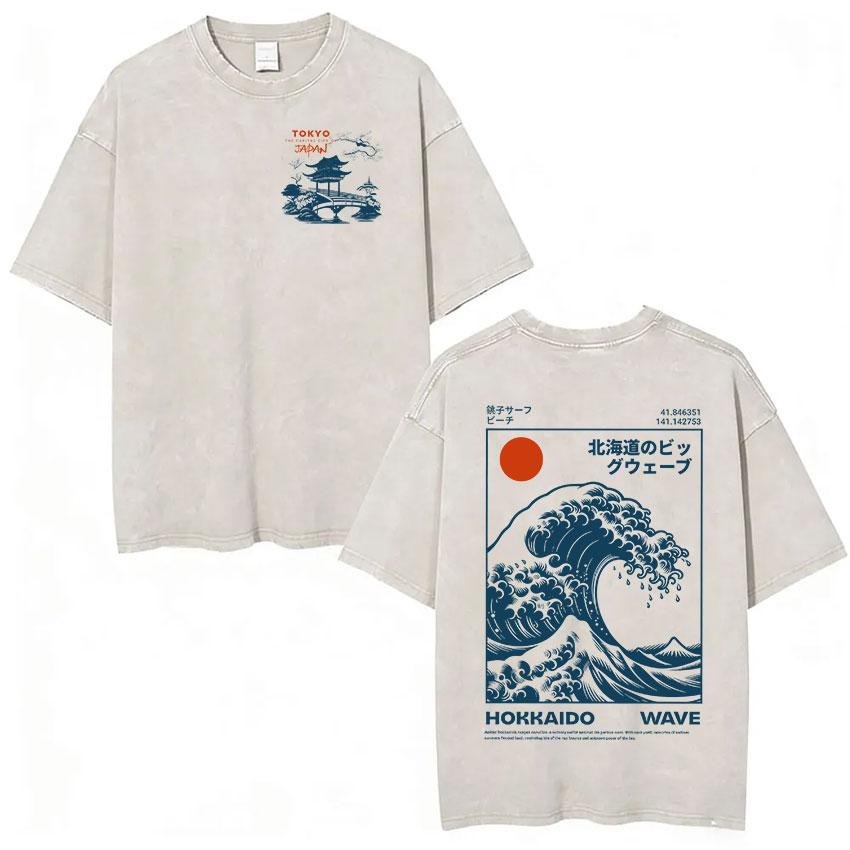 Vintage Japanese Osaka Dotonbori Crab Cityscape Graphic T Shirts Mens Washed Fashion Oversized Cotton Tshirt Unisex Streetwear