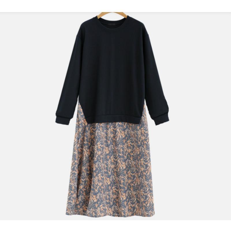 Весна и осень плюс размер футболка с длинным рукавом с принтом большое свободное платье с круглым вырезом длинное платье