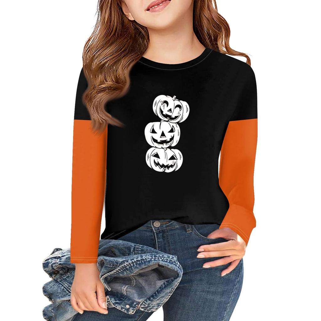 Футболки с длинным рукавом для девочек на Хэллоуин, детские осенние топы с круглым вырезом, базовые футболки 2-11 лет