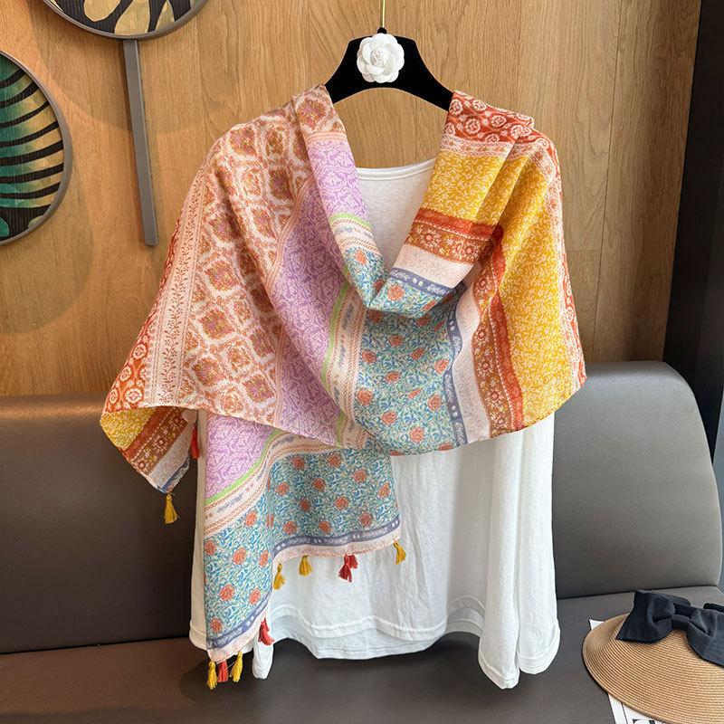 2025 spring and summer new rainbow celebrity style cotton and linen silk scarf female mother elegant commuter air-conditioned room shawl fashion