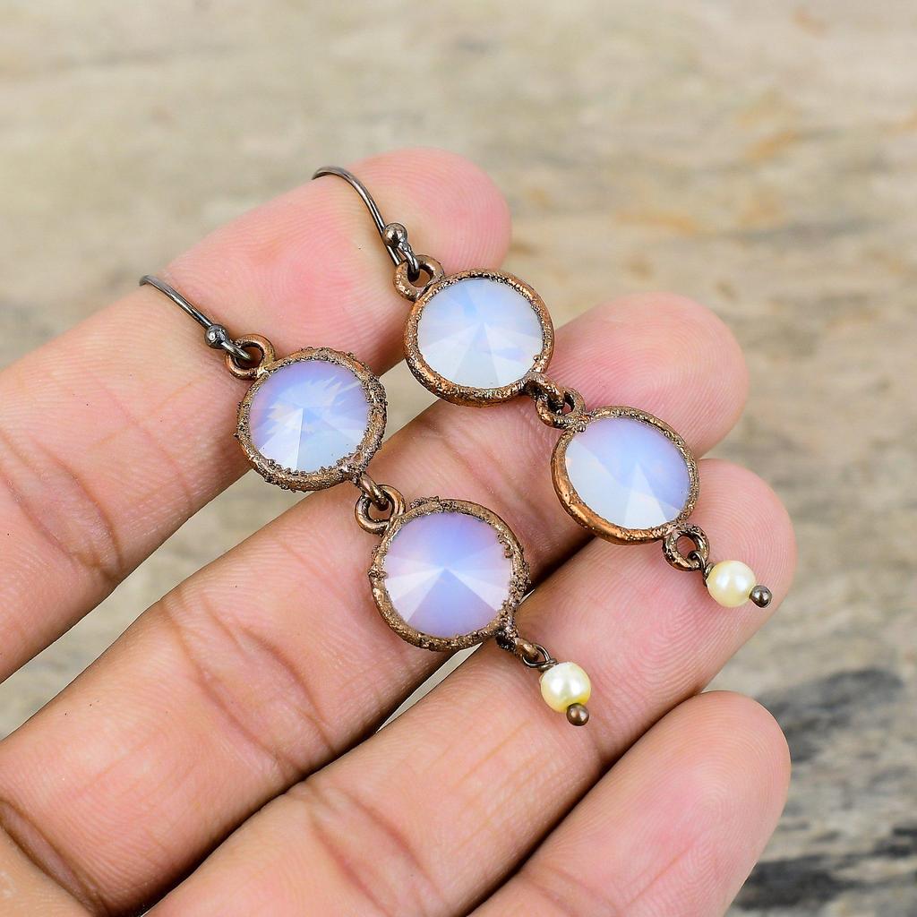 Серьги с молочным опалом, медные серьги, гальванические украшения, оригинальные серьги с драгоценными камнями, ювелирные изделия ручной работы, гальванопластика, свадебный подарок