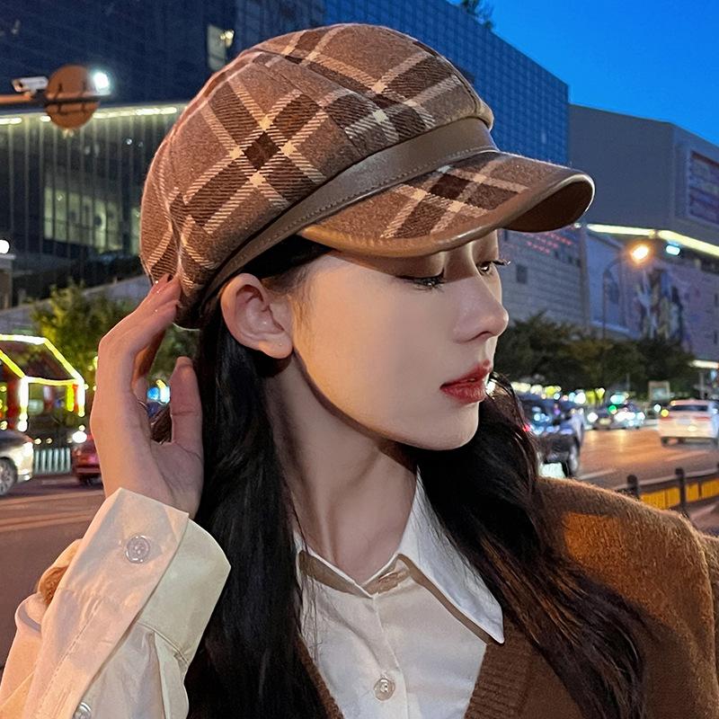 Женский зимний клетчатый шерстяной восьмиугольный берет