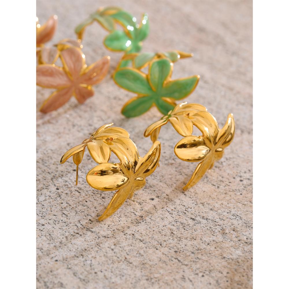 Eetit Зеленые Розовые Эмалевые Золотистые Серьги-Хугги с Цветком для Женщин Изысканная Нержавеющая Сталь Повседневные Универсальные Модные Ювелирные Изделия Подарок