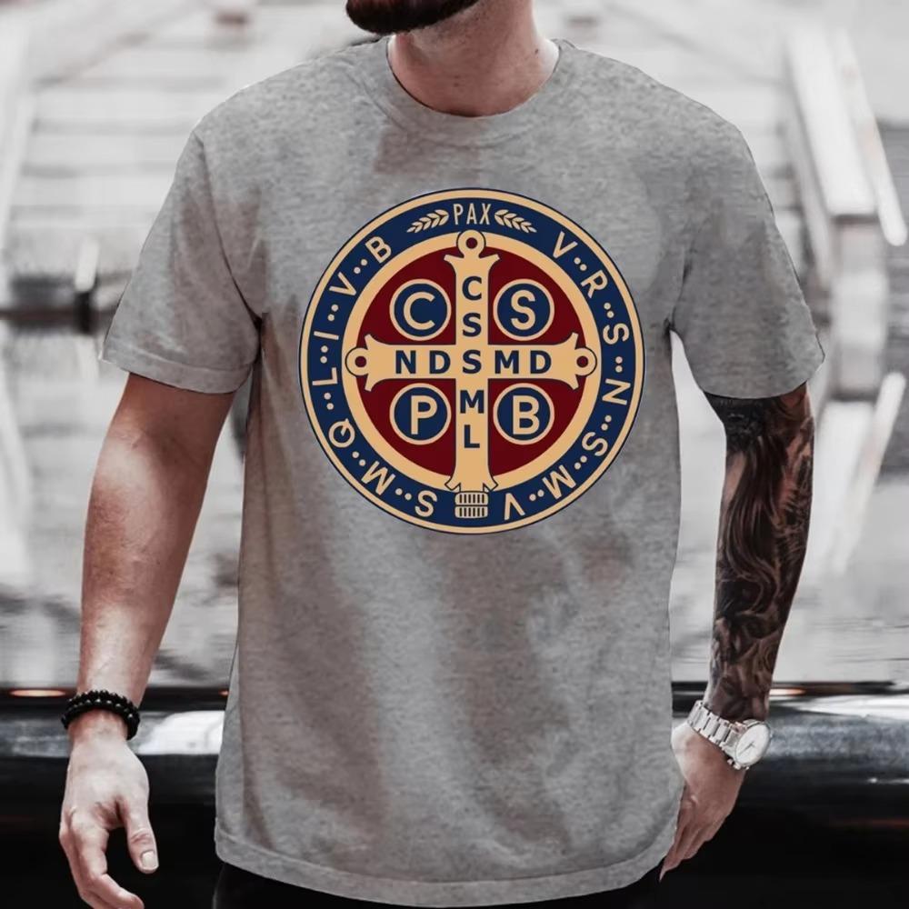 Футболка-пуловер с изображением католической медали Святого Бенедикта, мужская и женская повседневная хлопковая футболка с принтом, винтажная футболка Harajuku Oversize