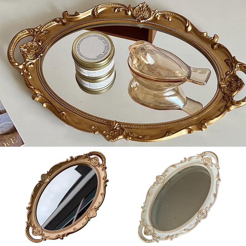 1PC Vanity Tray Bathroom Oval Golden Mirror Tray Home Decor Washstand Tray Small Jewelry Photography Decoration European Retro