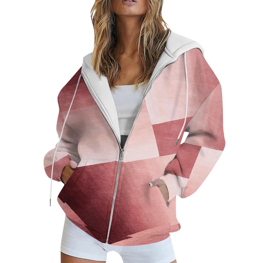 Women's Long Sleeve Print Sweatshirt Long Sleeve Pocket Jacket Zipper Hoodie Coat