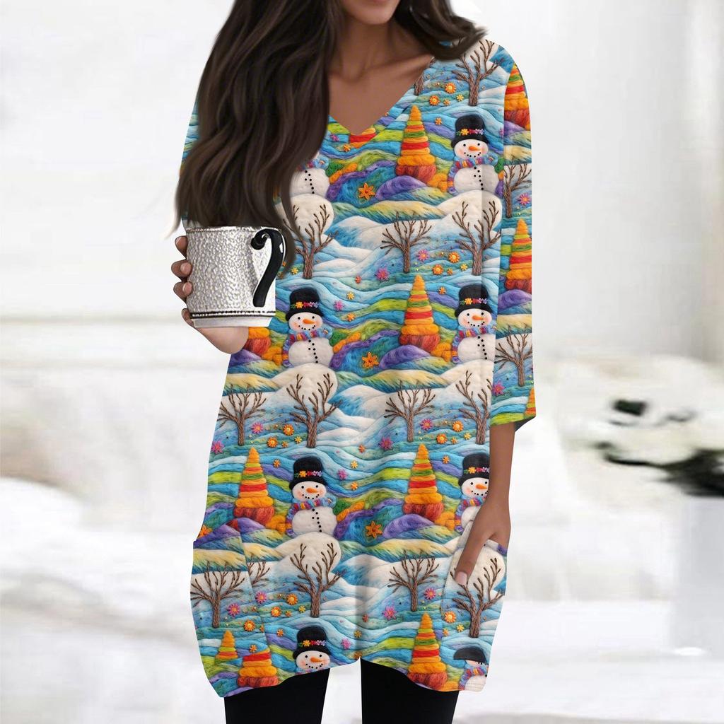 Женские топы с V-образным вырезом и рукавом 3/4, повседневные блузки средней длины, модные туники с рождественским принтом и карманами