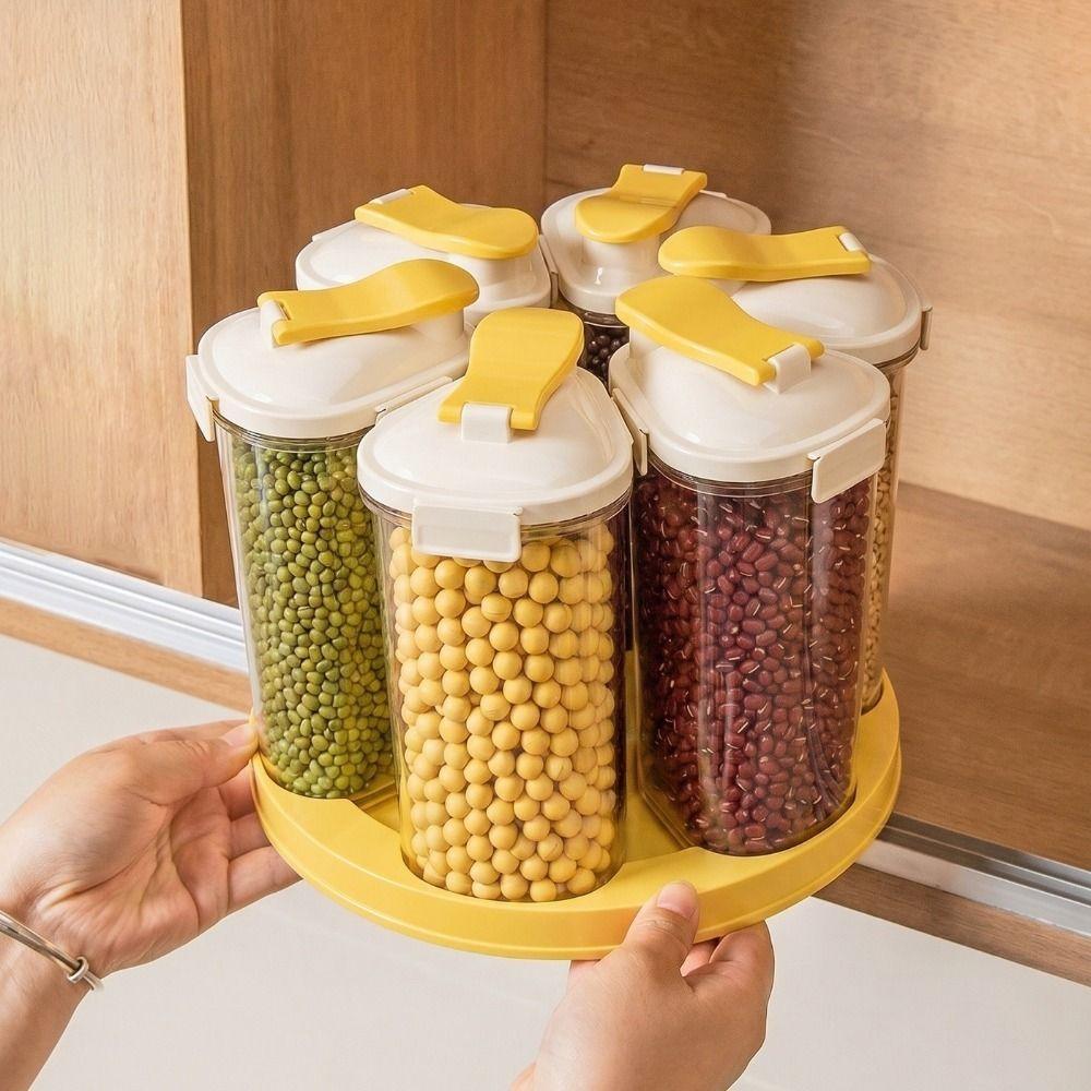 Sealed 6 Grids Grain Storage Box Food Grade Rotating Rice Container Grain Dispenser Kitchen Use