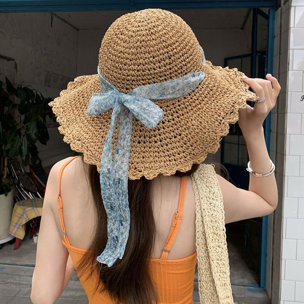 Big Brim Lace Straw Hat French Style Women's Sun Hat Elegant Bow Ribbon Straw Hat Outdoor