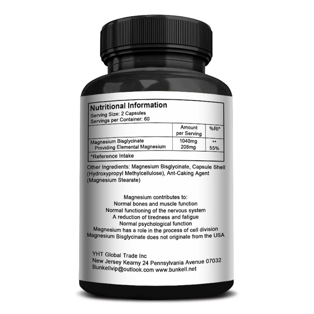 Bunkell Magnesium Glycinate Capsules, 1040mg, Elemental Magnesium 208mg, 120 Caps