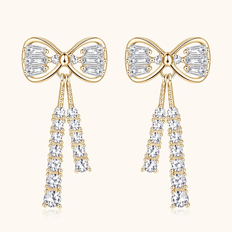 Silvere Glam European And American Light Luxury And High-end Style Bow Moissanite Ear Studs, Silver Ear Rings Long Full-stone Ear Accessories