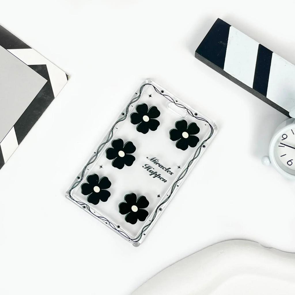 Чехол для карт с черным цветком, прозрачный держатель для студенческой карты, чехол для карты контроля доступа, чехол для карты на пружине, держатель для удостоверения личности