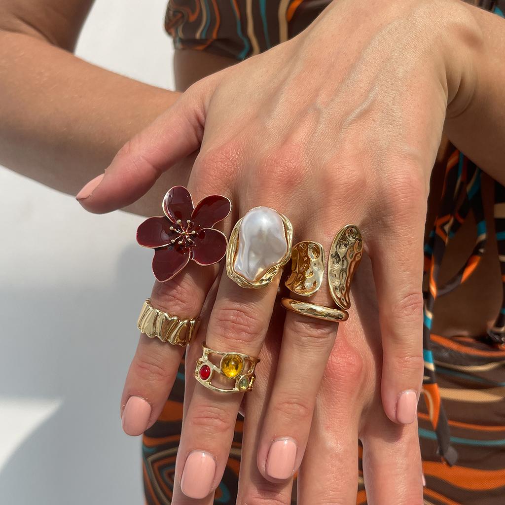 Ingemark 2026 New Fashion Metal Flower Open Rings for Women Creative Baroque Imitation Pearl Rings Y2K Bridal Wed Jewelry Gift