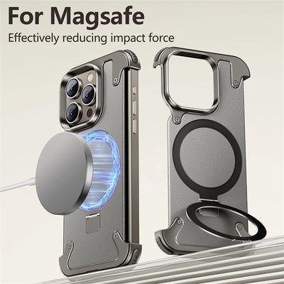 Роскошный металлический угловой чехол без рамки для iPhone 16 15 14 13 Pro Max PC задняя панель Magsafe магнитный держатель кольца кожаный чехол