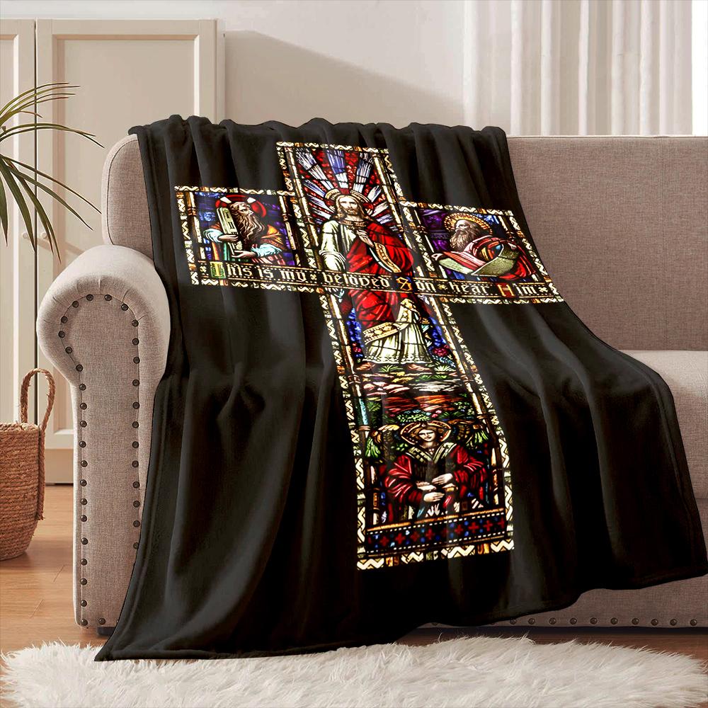 1PC Stained glass biblical cross Faith-printed Flannel Blanket Soft and Warm Suitable for Home Travel Picnics Camping RV Use