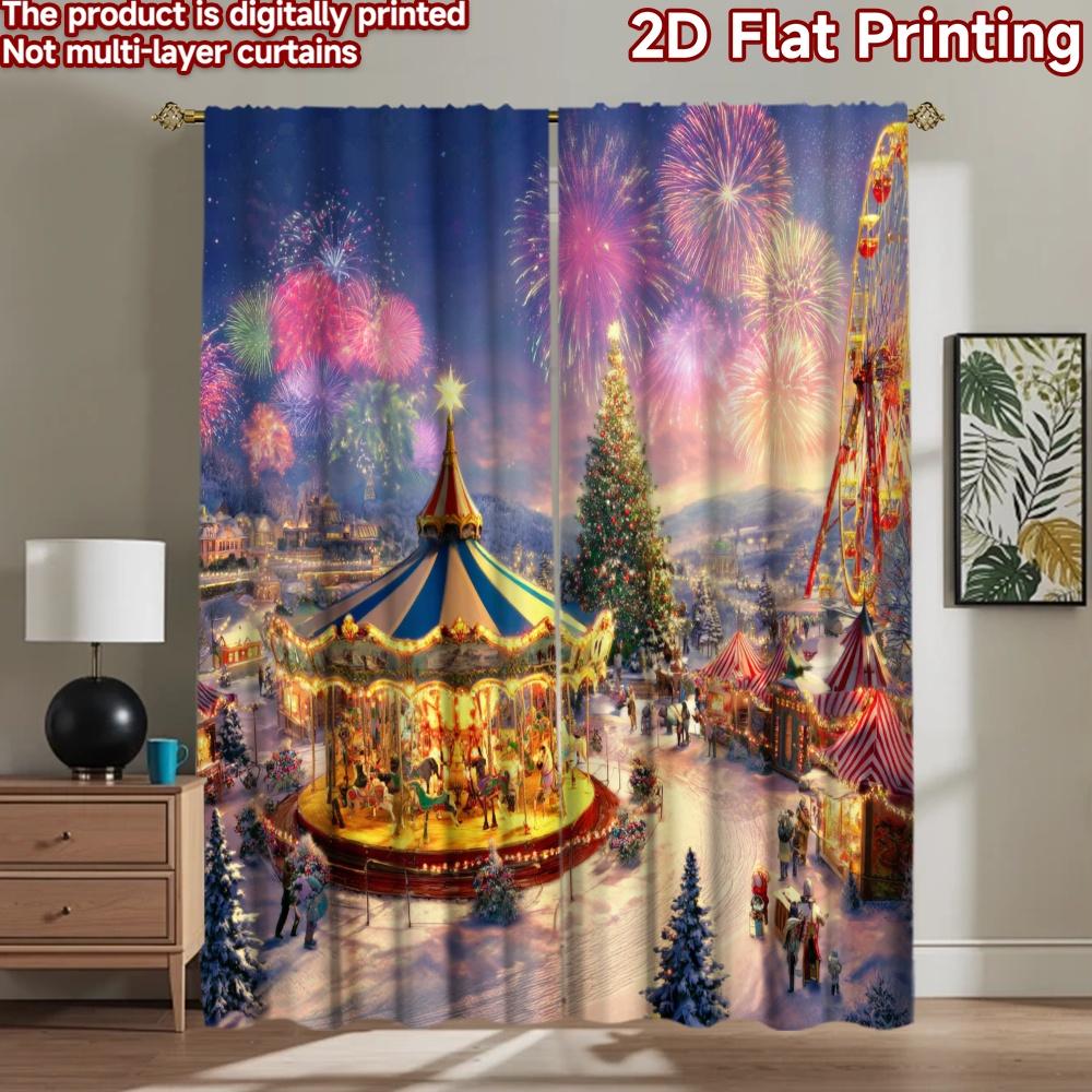 2D flat printing 2pcs Curtains Christmas Village Night Carnival Carousel Ferris Wheel Digital Printed Polyester Drapes Birthday