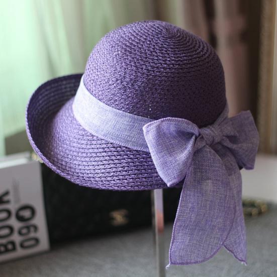 Ribbon Bowknot Decor Straw Hat Round Dome Solid Color Folding Women Big Brim Sunscreen Travel Hat Fashion Accessories