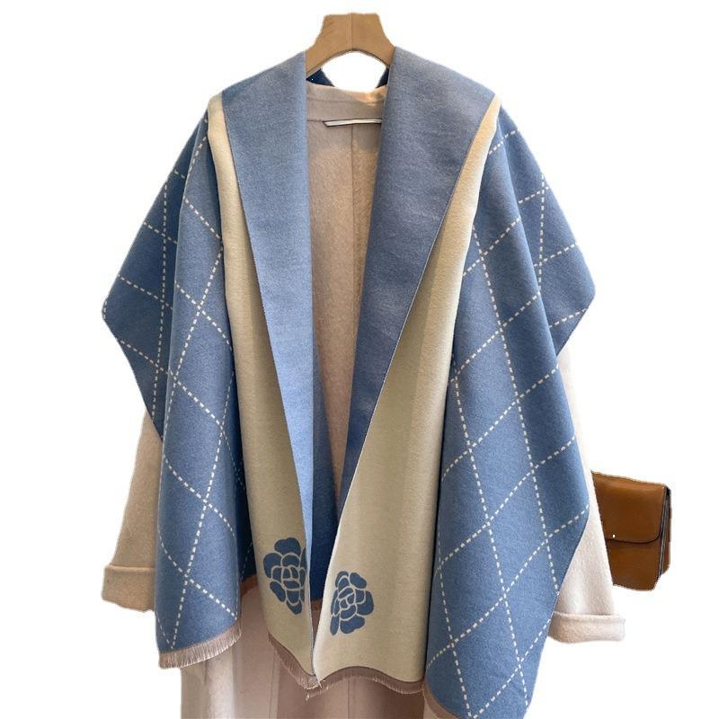 New Versatile Imitation Cashmere Scarf Women's Winter Plaid Flower Long Shawl Student Scarf Thickened Scarf