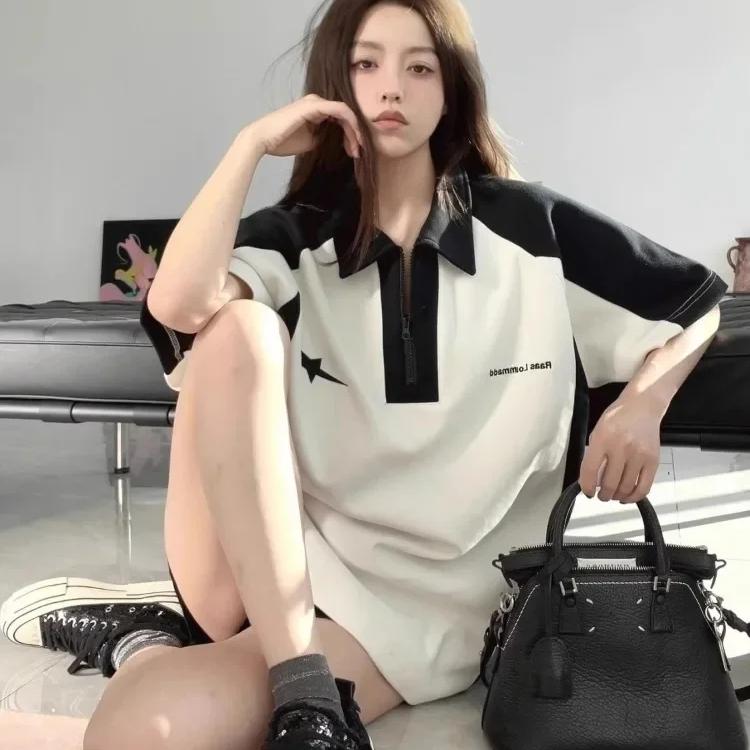 VAYLA Корейская футболка на молнии Y2k Винтажная Повседневная K-pop Мода Летняя Гранж Оверсайз Белые Футболки Свободный Топ с Коротким Рукавом