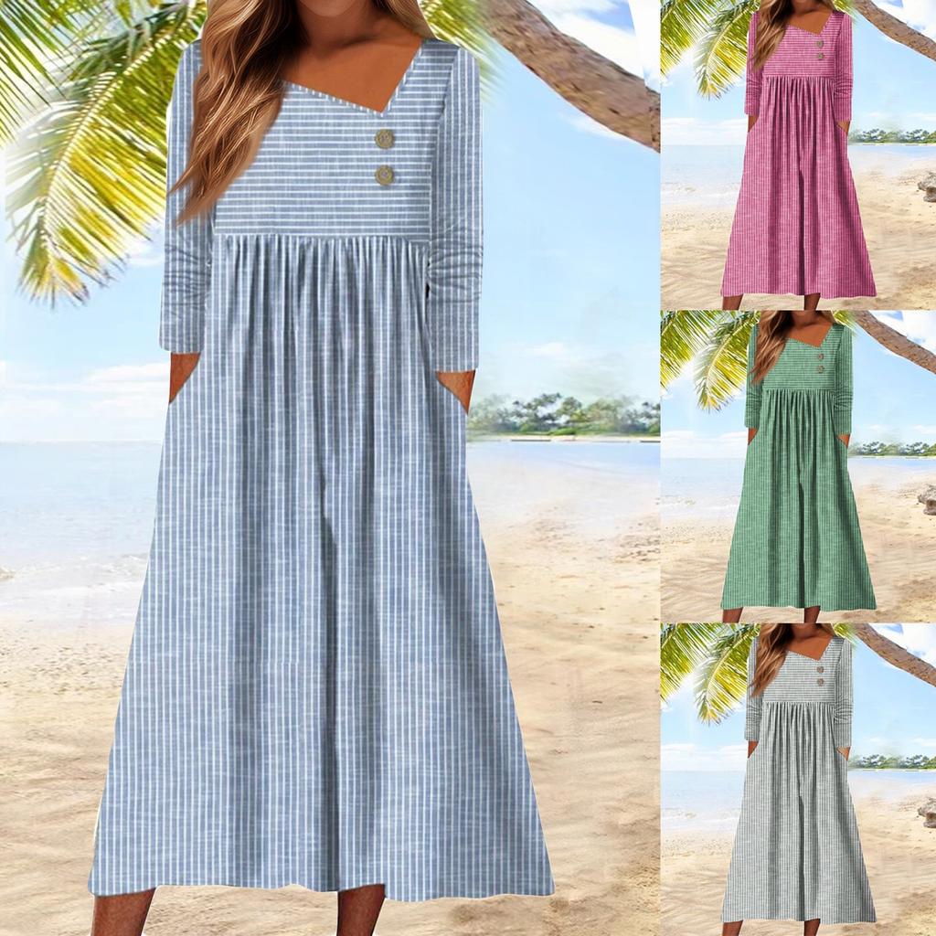 Женские Повседневные Модные Винтажные Длинные Платья в Полоску с Длинным Рукавом, с Карманом и для Зимы