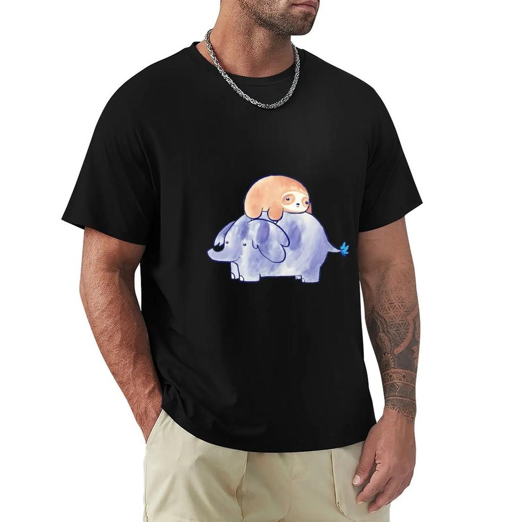 Little Sloth And Elephant Watercolor T-Shirt Customs Anime Figures Mens Graphic T-Shirts