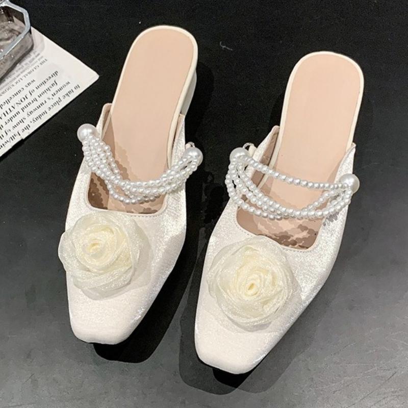 Fashion Elegant Mid Heels Women Slippers Flower Bead Heeled Shoes 2025 Fashion New Sandals Pumps Summer Trend Square Toe Shallow Slides