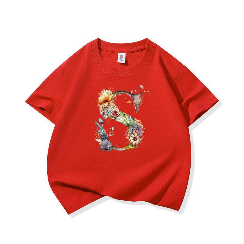 Kids Cotton T Shirt Floral Letter S Print Crew Neck Short Sleeve Tee Casual Boys Girls Summer Tops