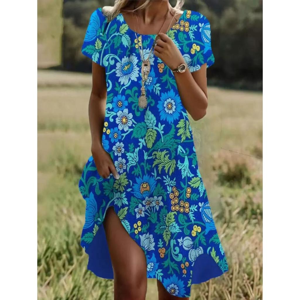 Summer Literary Ethnic Style Large Round Neck Mid-Length Dresses
