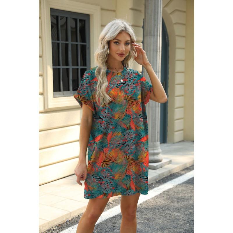 YYFS Женская мода лето весна цветочный узор принт короткий рукав О-образный вырез свободная талия повседневные платья