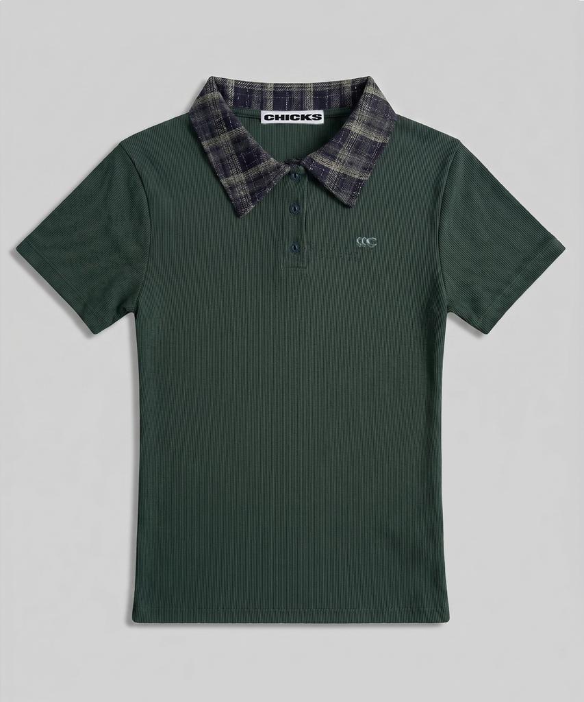 CHICKS Check Point Collared Short Sleeve T-Shirt Charcoal