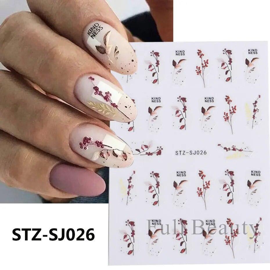 Lily Flower Geometric 3D Nail Stickers Maple Leaves Lines Nail Art Adhesive Sliders Red Berries Decals Decoration PPSTZ-SJ027