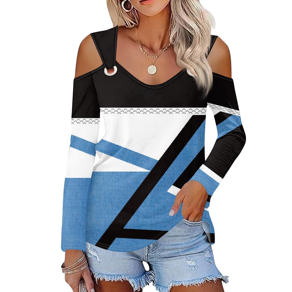 Women's Casual Shirt Blouse Print V-neck Sexy Cold Shoulder Long Sleeve Top