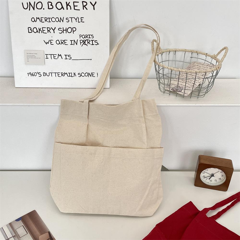Solid Color Front Bag White Canvas Tote Bag Literary Shoulder Bag Student Large Capacity Bag