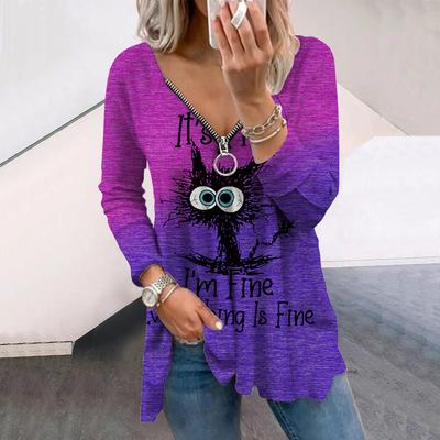 Женские осенние креативные футболки с длинным рукавом и принтом Catletter, свободные футболки больших размеров с V-образным вырезом, удобные блузки
