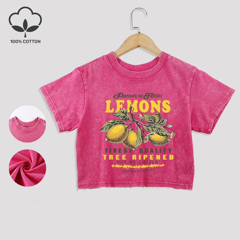 Премиальные футболки из стираного хлопка с принтом свежих лимонов, модные летние кроп-топы с кружевной отделкой, футболки с круглым вырезом обычной посадки, повседневная одежда