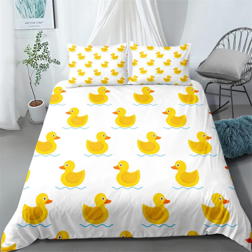 Cartoon Yellow Duck King Queen Duvet Cover Farm Lovely Animal Bedding Set Blue Bubble Quilt Cover Soft Polyester Comforter Cover