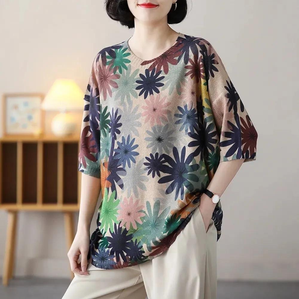 Harajuku Ретро женская летняя и осенняя модная одежда с винтажным цветочным принтом и круглым вырезом, вязаные свитера с короткими рукавами, женские свободные пуловеры