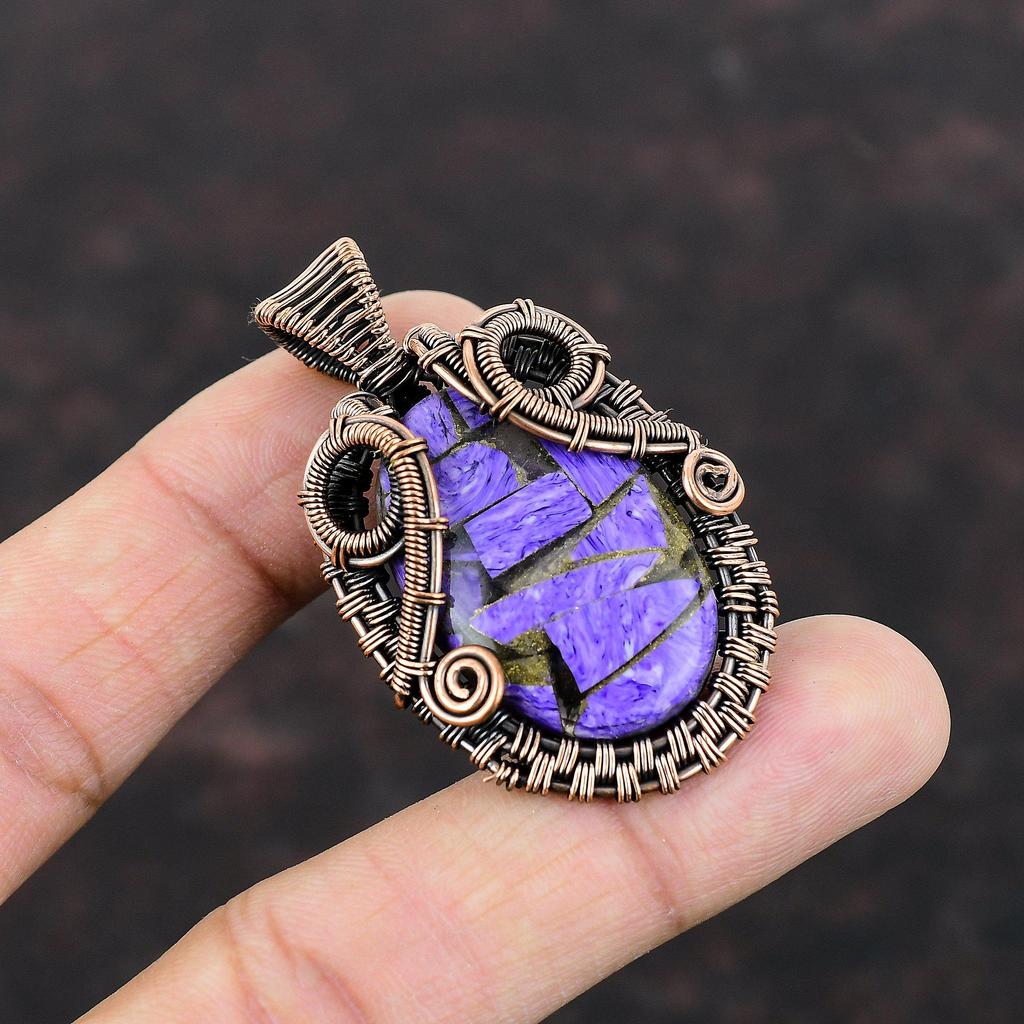 Медный кулон с чароитом, медная проволока, кулон, кулон с драгоценным камнем, кулон ручной работы, антикварный медный ювелирный подарок для нее, новый кулон