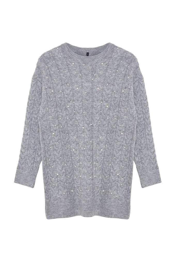 Женский модный стильный свитер в хиджабе с серыми волосами, плетеный жемчужный трикотажный свитер