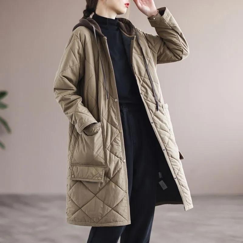 Autumn Winter Lingge Cotton Jacket Women Hooded Loose Thick Warm Parkas Female Long Sleeve Casual Cotton Padded Outwear Lady
