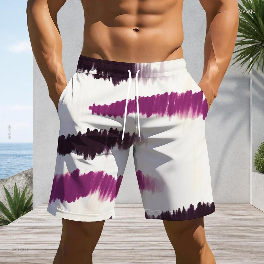 Men Plus Size Tie Dye Striped Beach Shorts Quick Dry Swim Trunks Drawstring Casual Shorts For Summer Beach Swimming Surfing