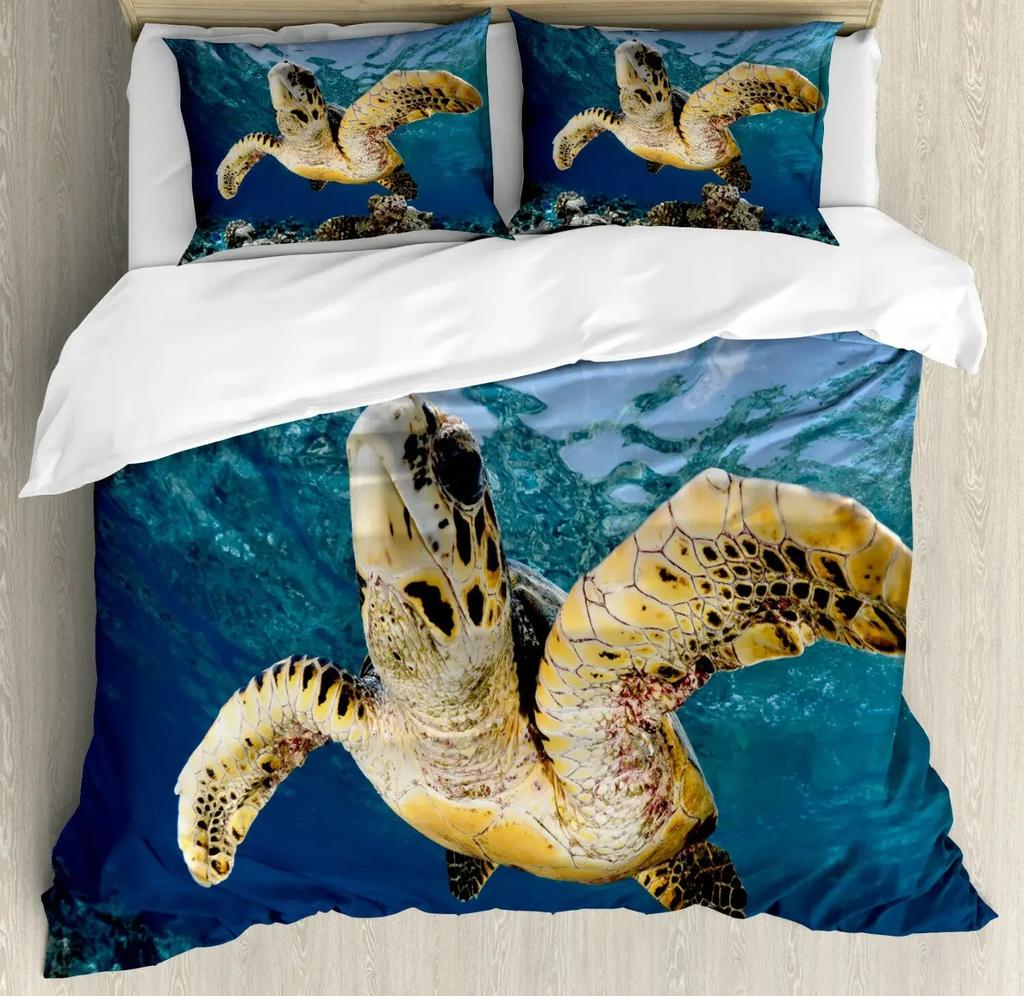 Пододеяльник с изображением морской черепахи, комплект постельного белья King Size Shark, комплект постельного белья с изображением морских животных, чехол из полиэстера с принтом черепахи и коралла