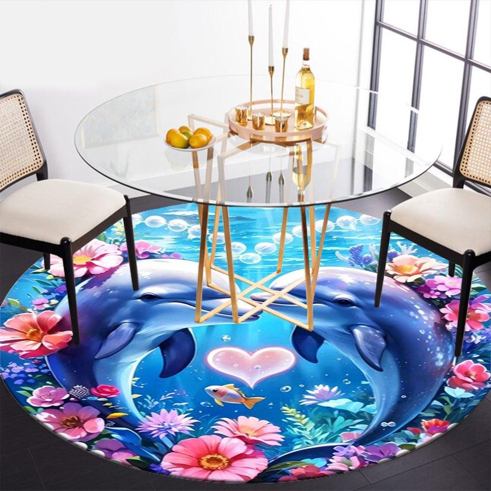 Underwater Love: Dolphin Heart Frame with FlowersRound Non-Slip chair mat chair carpet for office Rugs for Office Decor Gift For Valentine's Day Mothe
