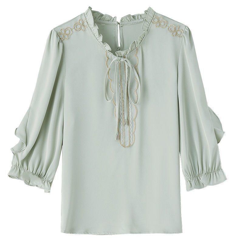Весна Осень Рюши V-образный вырез Шнуровка Элегантная рубашка Женская рукав 3/4 Вышивка Однотонный пуловер Блузка Топ