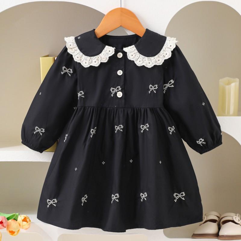Baby Girls Long Sleeve Dress Floral Embroidery Bow Ruffle Collar Black Princess Kids