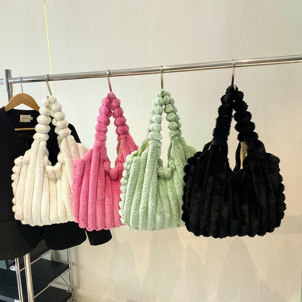 Large Capacity Plush Handbag Solid Color Plush Shoulder Bag Kawaii Plush Tote Bag Winter