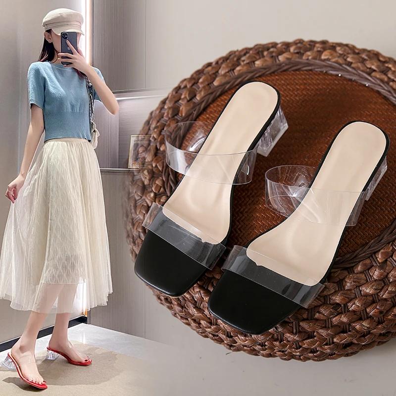 Летние женские туфли-лодочки, сандалии, прозрачные тапочки из ПВХ, женские прозрачные тапочки на высоком каблуке с открытым носком, туфли из плексигласа, прозрачные сандалии на каблуке