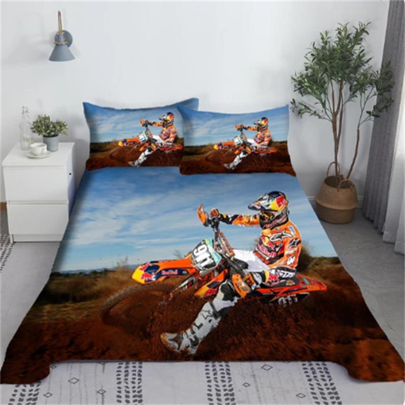 Cool Motorbike Sports Bed Sheet Set 3D Printed Motorcyclist Polyester Bed Flat Sheet With Pillowcase Bedding Bedspread 2/3pcs