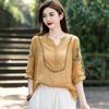 Summer Cotton Linen Retro Art Retro Embroidery Small V-neck Embroidered Sleeve Shirt Pullover Top Shirts